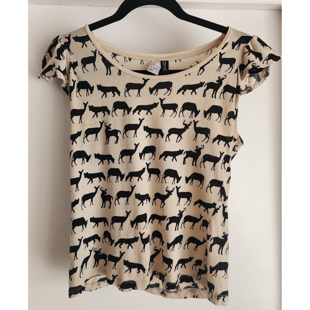 Divided H&M Animal Print T-Shirt Size 6 Beige Black Round Neck Casual Tee
